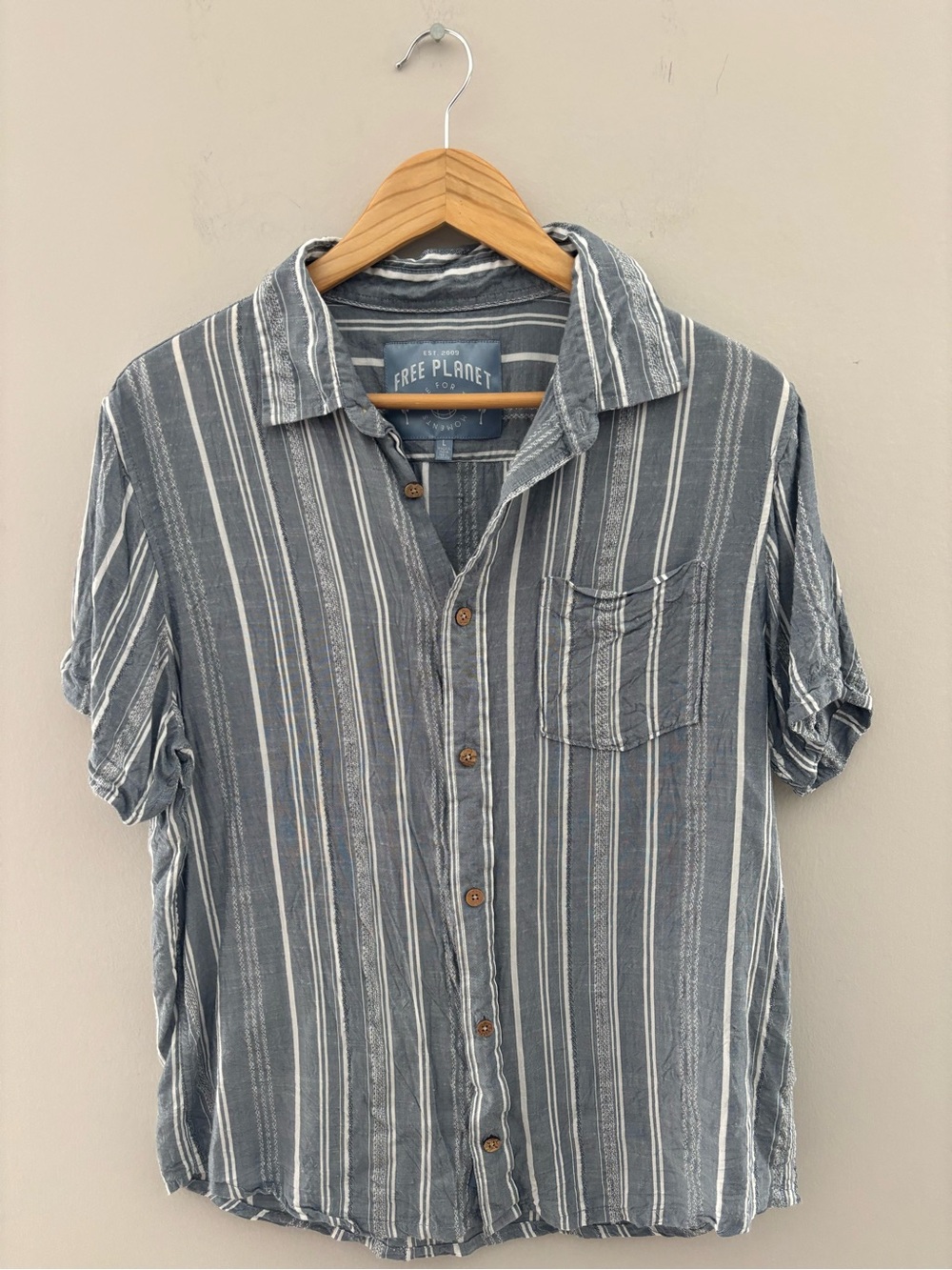 Free Planet Men's Slate Blue Striped Button Down Shirt Short Sleeve Casual Shirt